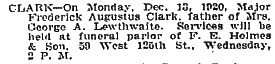 Frederick Clarks funeral announcement, from the New York Times, Dec 14, 1920, p. 17.
