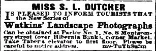 Newspaper ad for Miss S. L. Dutchers photographic gallery.